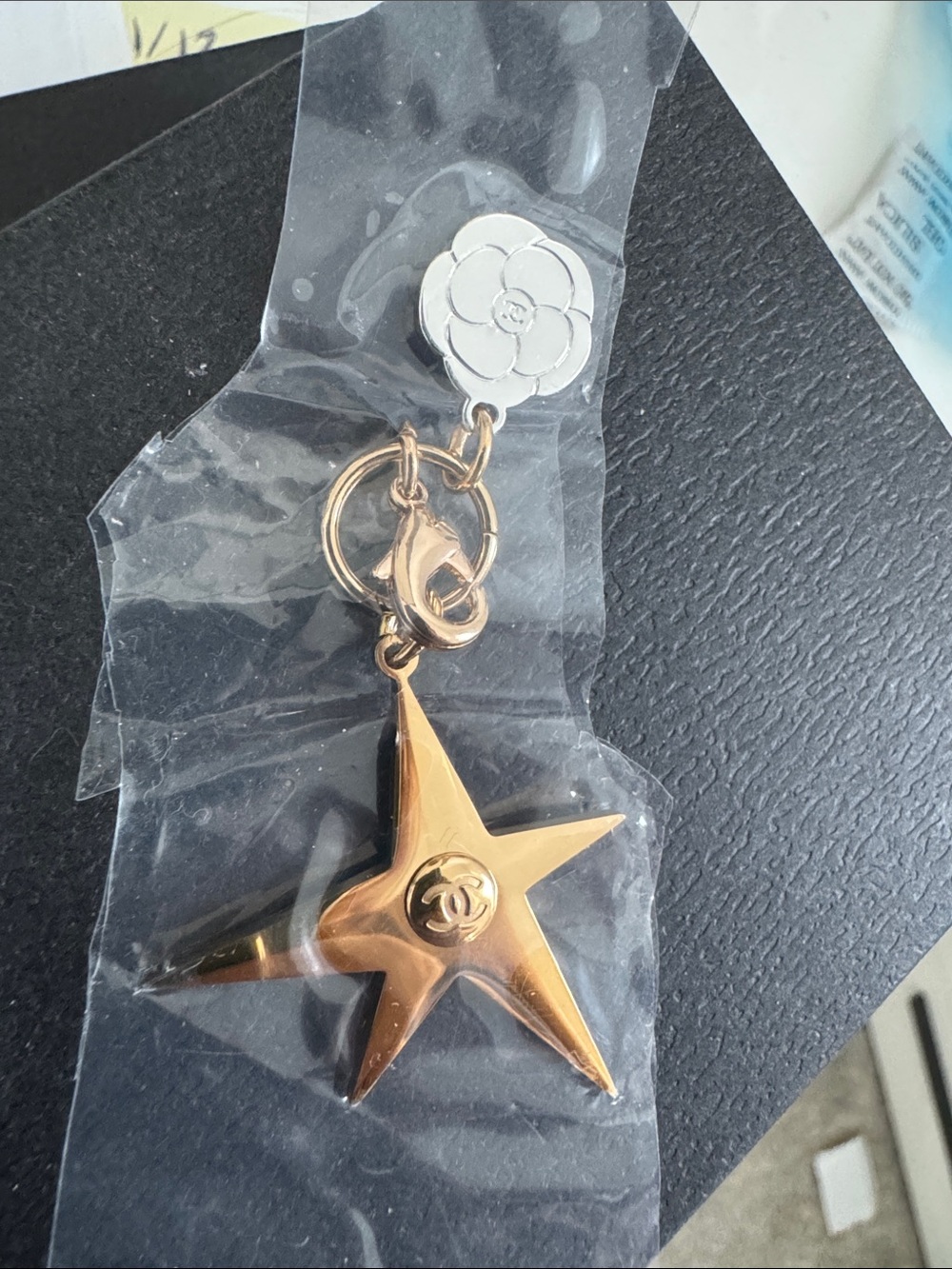 CHANEL Gold Star Charm clasp Keyring with silver White Camellia flower new